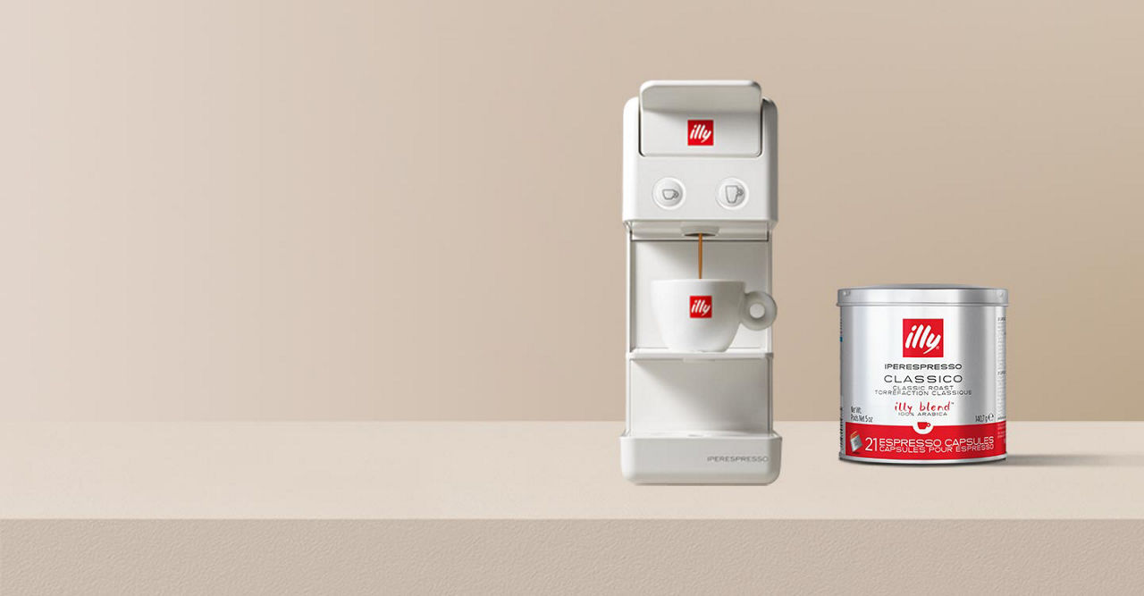 Y3 iperespresso machine and can of illy coffee