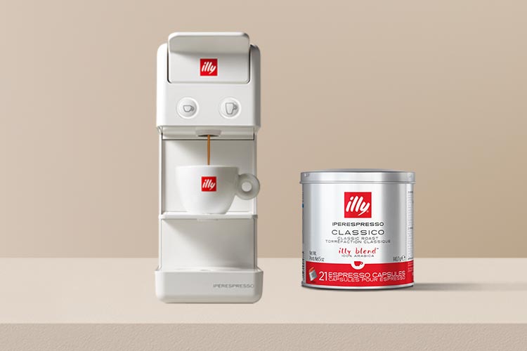 Y3 iperespresso machine and can of illy coffee