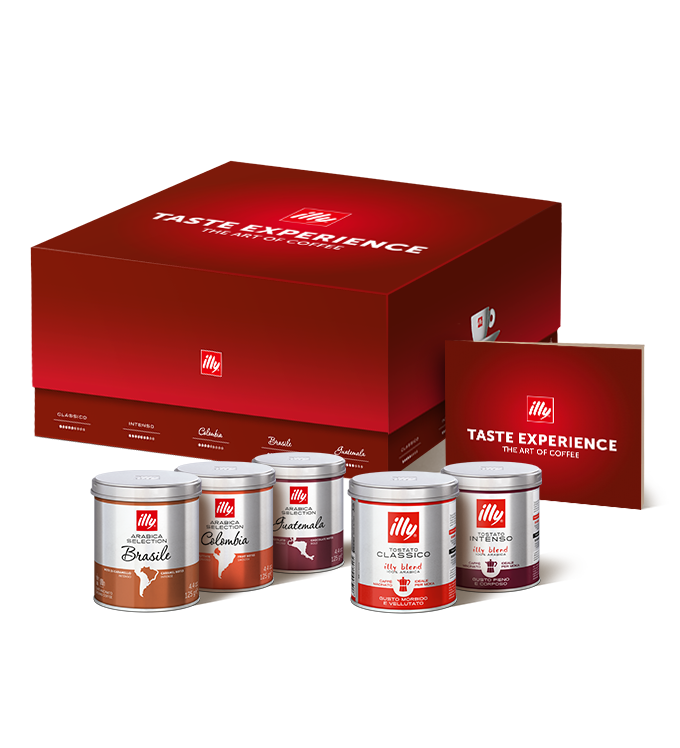 Probierset im Geschenkpaket mit fünf Dosen Kaffee und Rezeptbuch