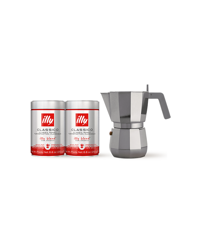 Alessi Moka koffiepot voor 6 kopjes + 2 blikjes Classico Moka gemalen koffie 250g image number 0