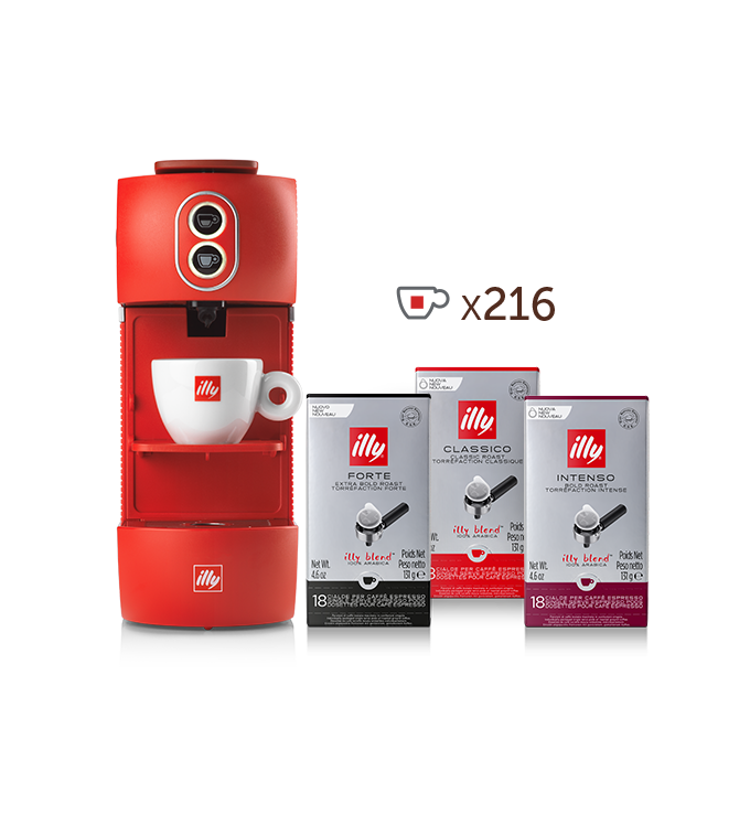 Máquina de café para monodosis E.S.E. - illy Easy roja con 4 paquetes de café en monodosis E.S.E. de tueste CLASSICO, 4 paquetes de INTENSO y 4 paquetes de FORTE