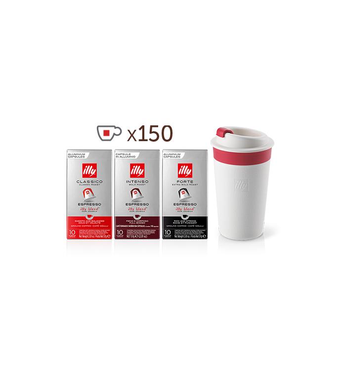 8 verpakkingen CLASSICO compatibele capsules, 5 verpakkingen INTENSO compatibele capsules, 2 verpakkingen FORTE compatibele capsules + witte Zagnoli Travel Mug   image number 0