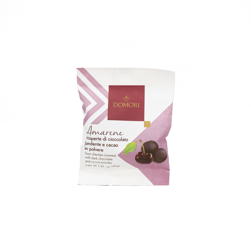 Dragees di amerene candite ricoperte di cioccolato fondente Domori