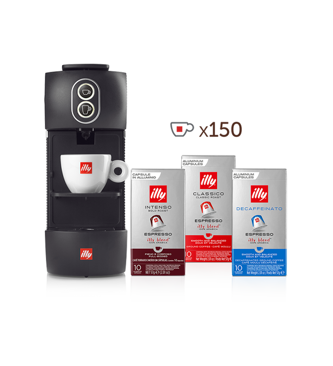 Kompatible Kaffeekapsel-Maschine –  schwarze illy Easy mit 5 Packungen Kompatible Kaffeekapseln​ einzeln verpackter CLASSICO Röstung, 5 Packungen INTENSO und 5 Packungen DECAFFEINATO