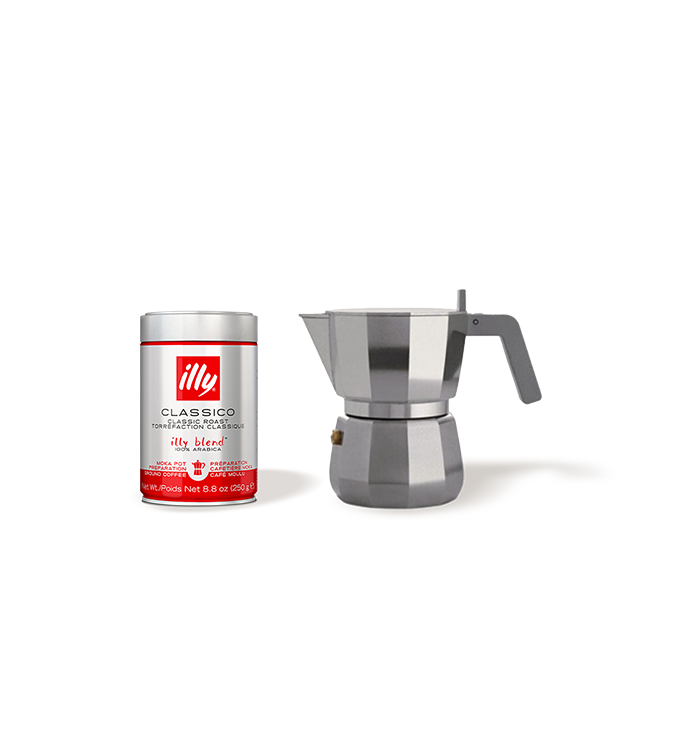 Ground Coffee and Alessi Moka Pot (3 cup) Bundle