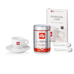 Idee regalo: tazzina da caff&egrave;, 2 cucchiaini da caff&egrave;, un barattolo di caff&egrave; macinato espresso e libro sul caff&egrave;