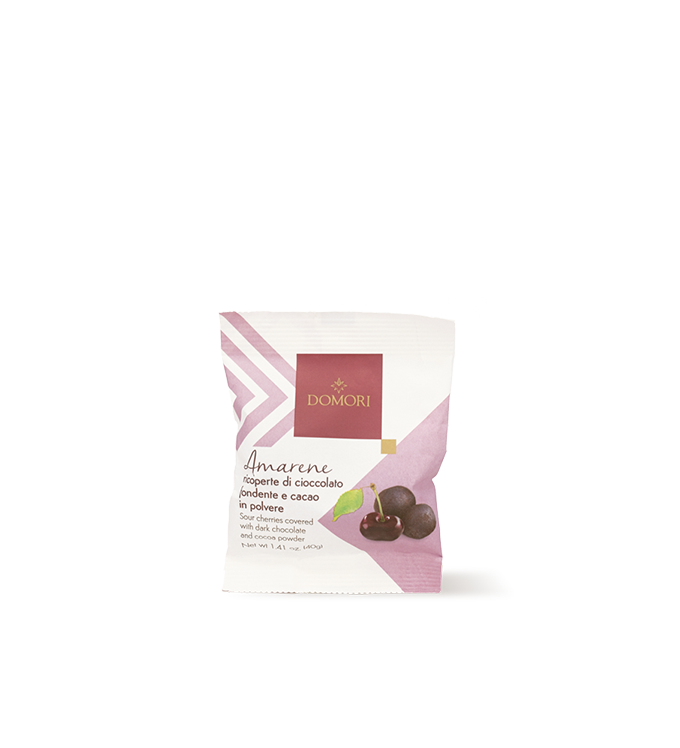 Dragees di amerene candite ricoperte di cioccolato fondente Domori