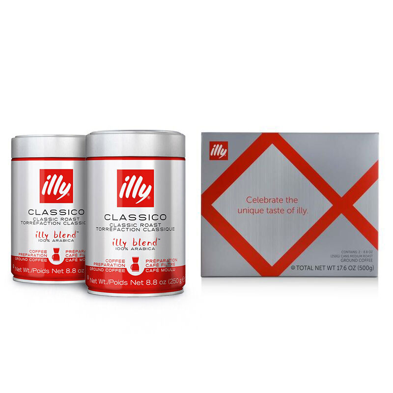 illy 2 cans of coffee holiday gift box front view.
