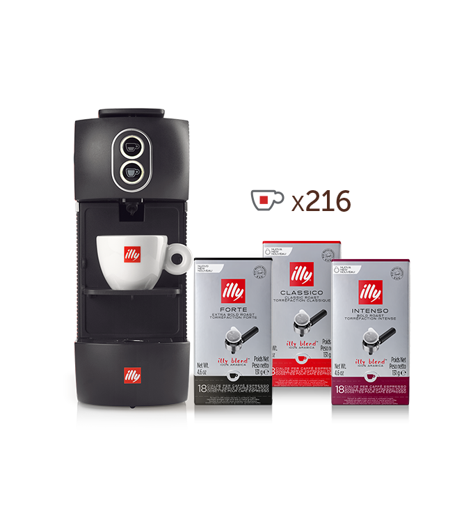 Máquina de café para monodosis E.S.E. - illy Easy negra con 4 paquetes de café en monodosis E.S.E. de tueste CLASSICO, 4 paquetes de INTENSO y 4 paquetes de FORTE