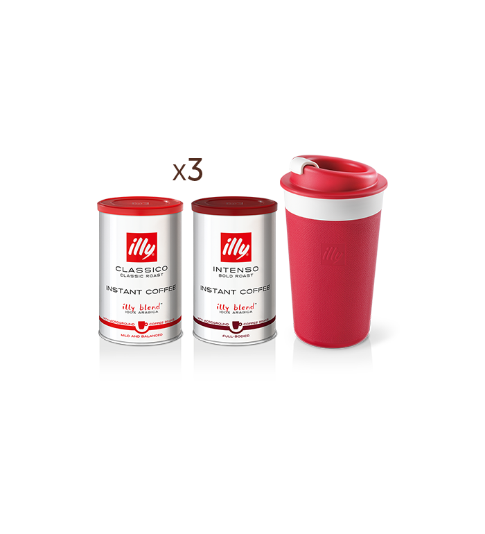 3 Packungen Löskaffee mit CLASSICO Geschmack, 3 Packungen Löskaffee mit INTENSO Geschmack + roter Zagnoli-Reisebecher   image number 0
