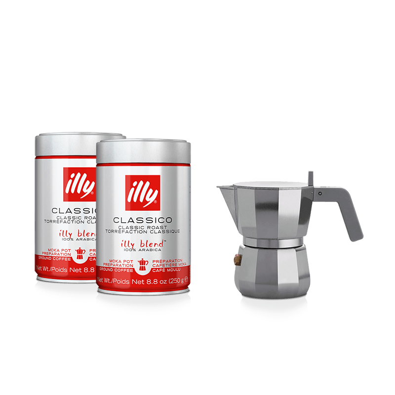 Cafetière Moka Alessi 1 tasse + 2 boîtes de café moulu moka Classico 250g