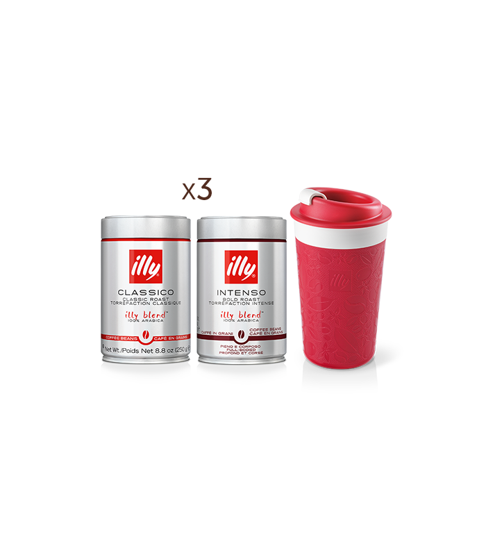 3 Packungen CLASSICO geröstete Kaffeebohnen, 3 Packungen INTENSO geröstete Kaffeebohnen + roter Zagnoli-Reisebecher   image number 0