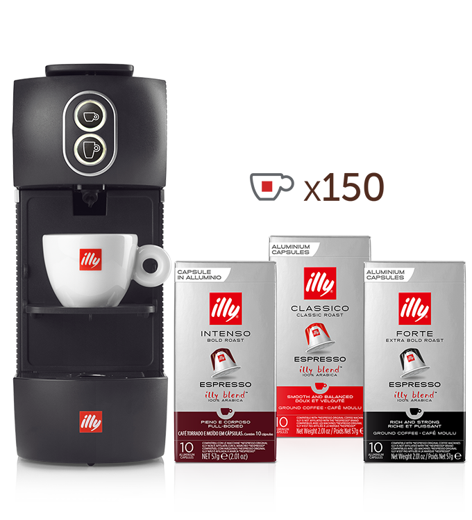 Macchina da caffè a capsule compatibili - illy Easy nera con 5 confezioni di capsule compatibili tostato CLASSICO, 5 confezioni di INTENSO e 5 di FORTE