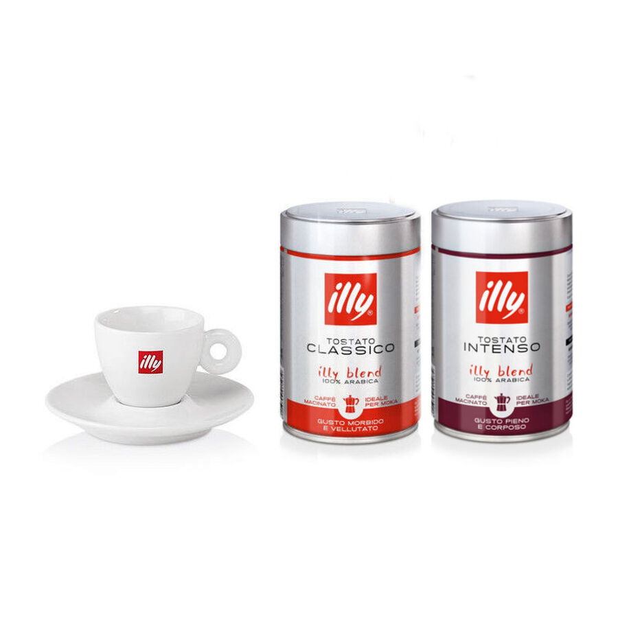 Idee regalo: 2 barattoli caff&egrave; macinato moka 250g tostato CLASSICO e INTENSO e tazzina illy