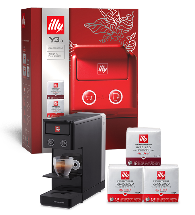 Y3.3 Box – schwarze Y3.3 Iperespresso Kaffeemaschine und drei Packungen Kapseln 