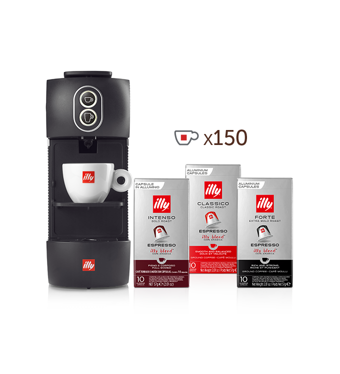 Máquina de café para monodosis E.S.E. - illy Easy negra con 5 paquetes de cápsulas compatibles Nespressode tueste CLASSICO, 5 paquetes de INTENSO y 5 paquetes de FORTE