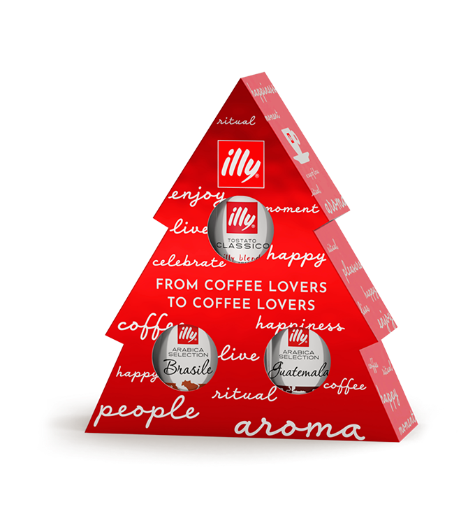 Cadeauverpakking in de vorm van een boom met drie blikken koffie
