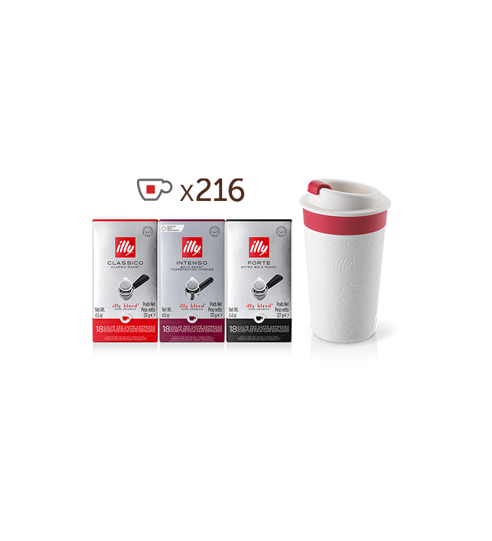 6 Packungen CLASSICO E.S.E. Kaffeepads, 3 Packungen INTENSO E.S.E. Kaffeepads, 3 Packungen FORTE E.S.E. Kaffeepads + weißer Zagnoli-Reisebecher  image number 0