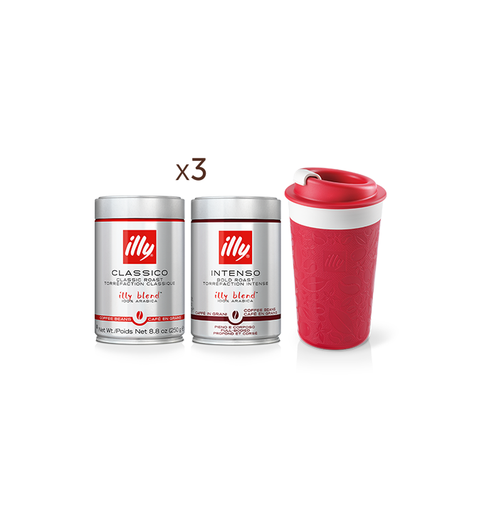 3 Packungen CLASSICO geröstete Kaffeebohnen, 3 Packungen INTENSO geröstete Kaffeebohnen + roter Zagnoli-Reisebecher  