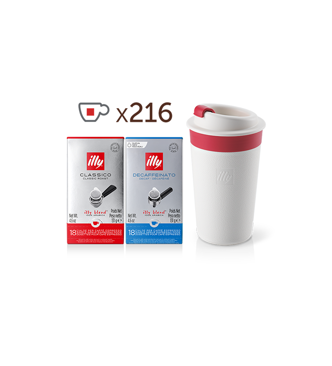 10 pacotes de cápsulas de café CLASSICO E.S.E., 3 pacotes de cápsulas de café FORTE E.S.E. + caneca de viagem Zagnoli branca