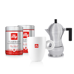 Kit cafeteira moka preta com 2 latas de café moído clássico e caneca illy