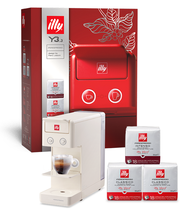 Y3.3 box – macchina da caffè Iperespresso Y3.3 bianca e 3 confezioni di capsule