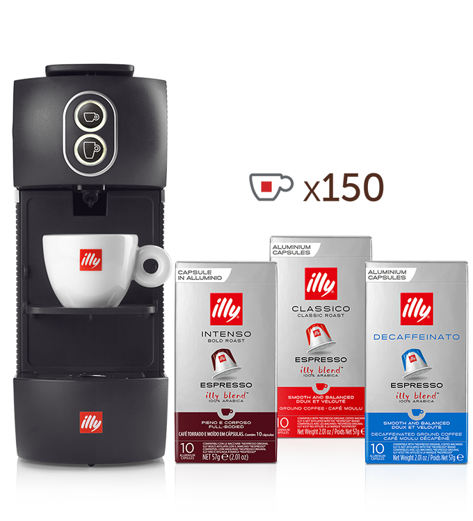 Kompatible Kaffeekapsel-Maschine –  schwarze illy Easy mit 5 Packungen Kompatible Kaffeekapseln​ einzeln verpackter CLASSICO Röstung, 5 Packungen INTENSO und 5 Packungen DECAFFEINATO