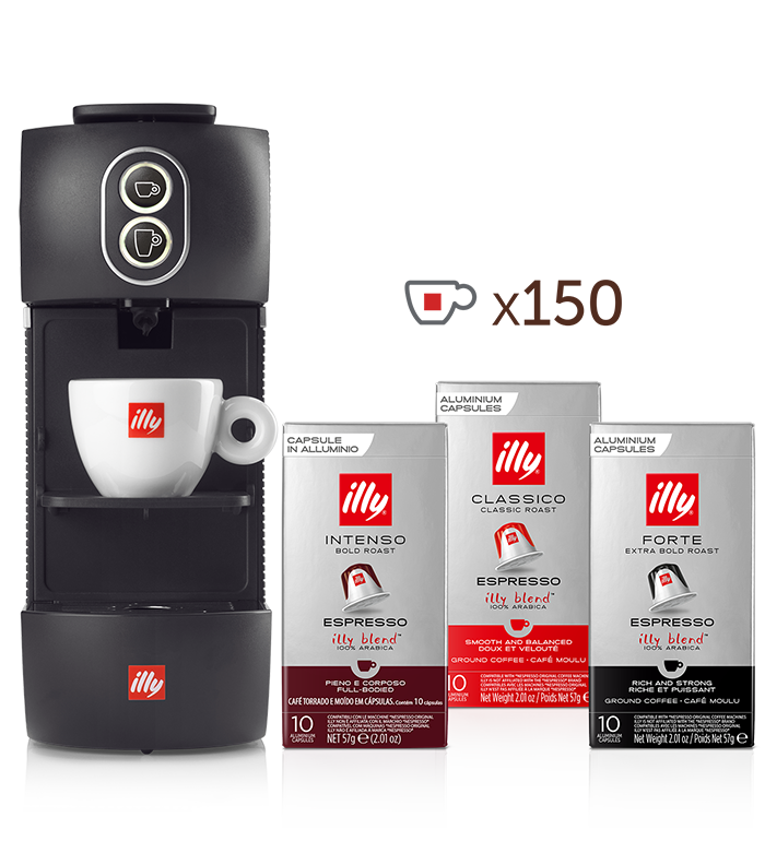 Machine compatible avec les capsules de café - illy Easy  noire avec 5 paquets de capsules de café compatibles​ torréfié CLASSICO, 5 paquets d’INTENSO et 5 paquets de FORTE image number 0