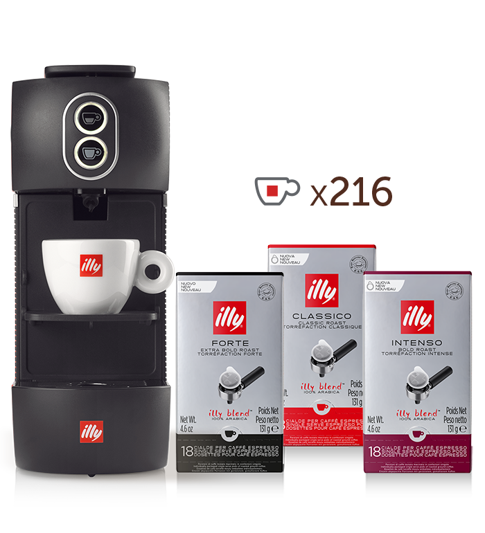 E.S.E.-koffiepodmachine. - zwarte illy Easy met 4 verpakkingen single-serve E.S.E.-koffiepods met CLASSICO-branding, 4 verpakkingen INTENSO en 4 verpakkingen FORTE image number 0