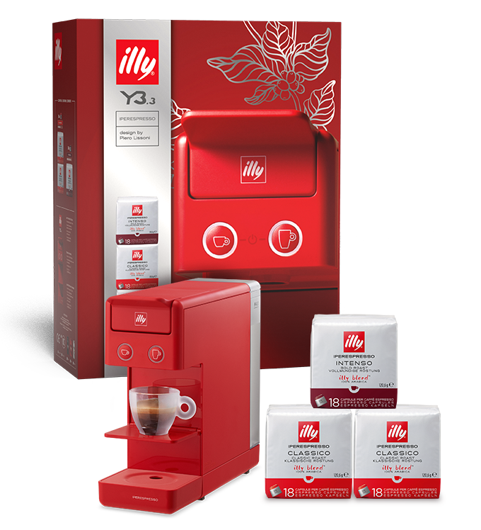 Boîte Y3.3 : Machine à café Iperespresso Y3.3 rouge et trois paquets de capsules 