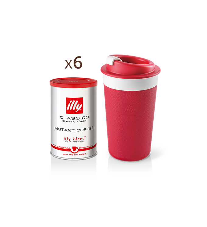 3 verpakkingen oploskoffie met CLASSICO-smaak + rode Zagnoli Travel Mug  