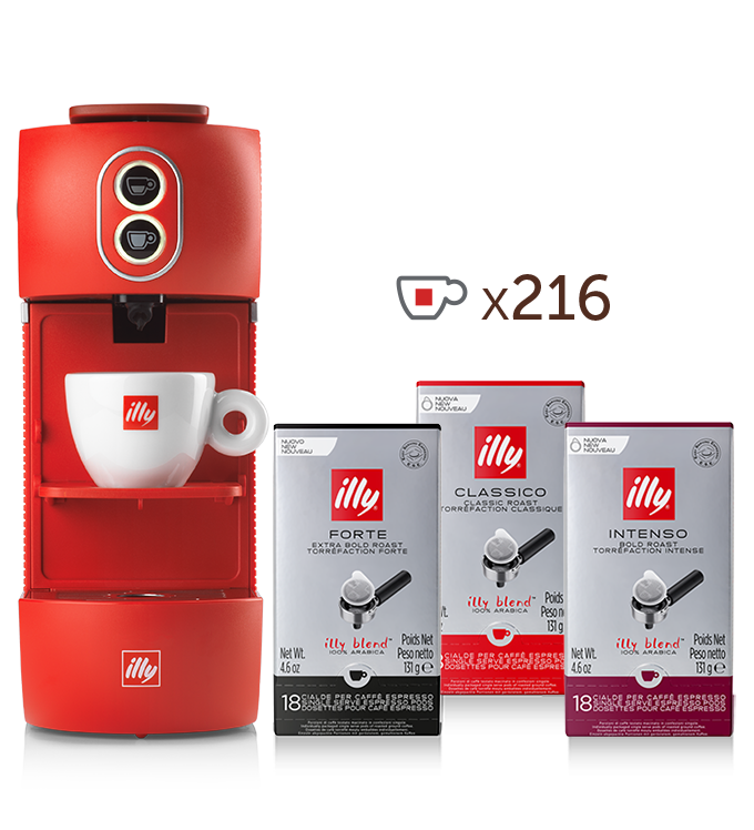 Macchina da caffè a cialde E.S.E. - illy Easy rossa con 4 confezioni di caffè in Cialde E.S.E. Monodose tostato CLASSICO, 4 confezioni di INTENSO e 4 di FORTE