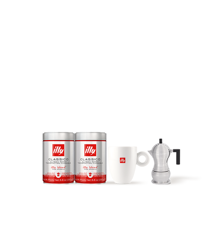 Kit cafeteira moka preta com 2 latas de café moído clássico e caneca illy image number 0