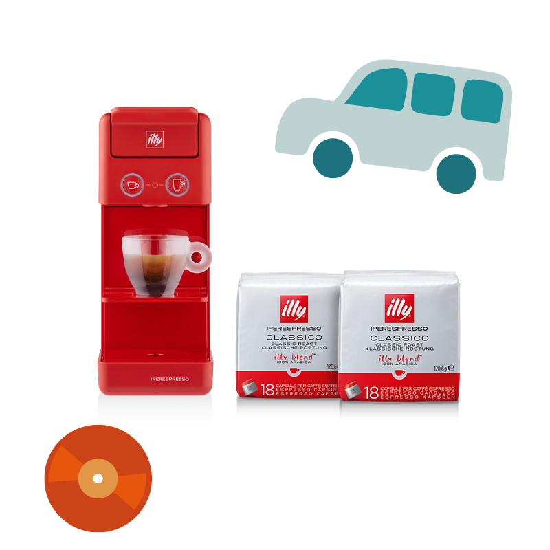Vatertagsangebot: Y3.3 Kaffeemaschine rot mit 2 Packungen Kaffeekapseln