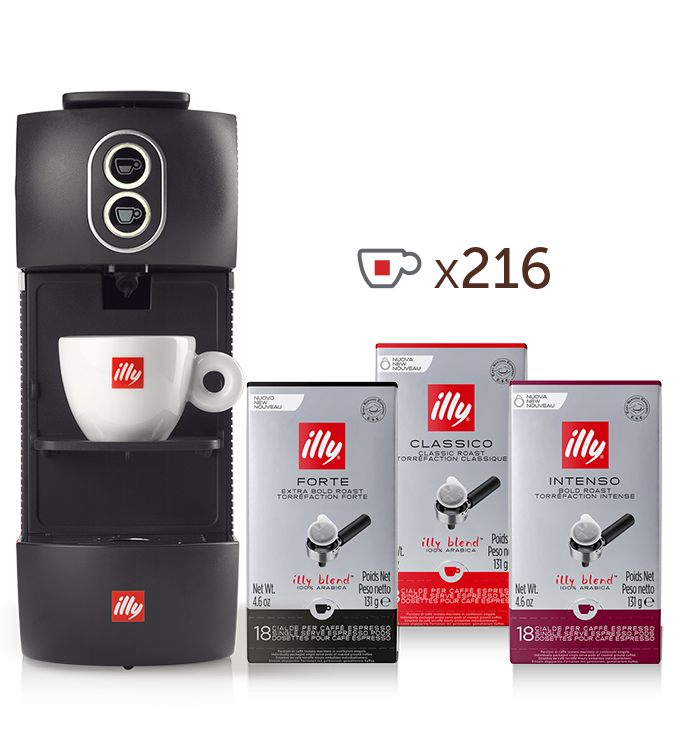 Macchina da caffè a cialde E.S.E. - illy Easy nera con 4 confezioni di caffè in Cialde E.S.E. Monodose tostato CLASSICO, 4 confezioni di INTENSO e 4 di FORTE