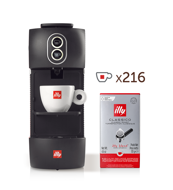 Máquina de café para sachês E.S.E. – illy Easy preta 120V, acompanha 12 sachês E.S.E. de dose única de CLASSICO