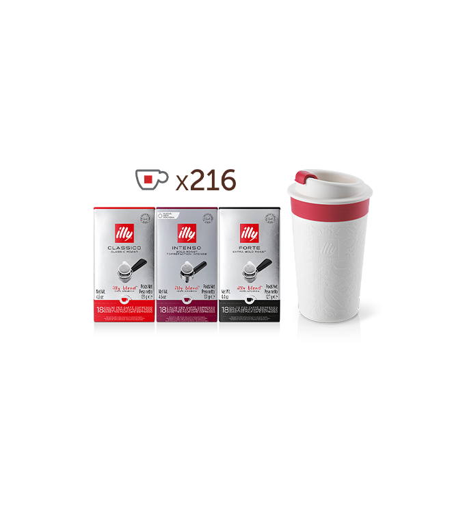 6 Packungen CLASSICO E.S.E. Kaffeepads, 3 Packungen INTENSO E.S.E. Kaffeepads, 3 Packungen FORTE E.S.E. Kaffeepads + weißer Zagnoli-Reisebecher 