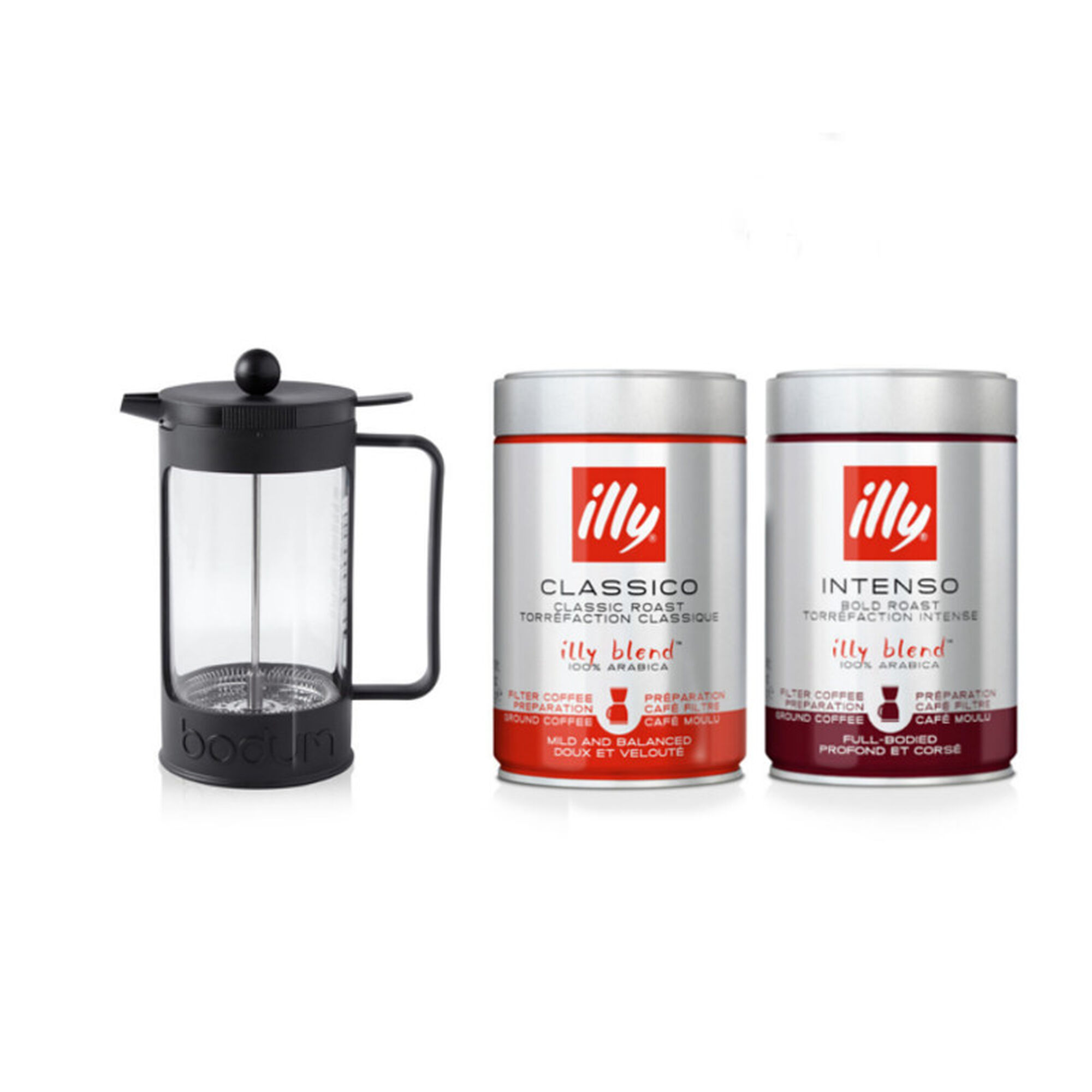 Caffè macinato per french press con caffettiera Bodum illy