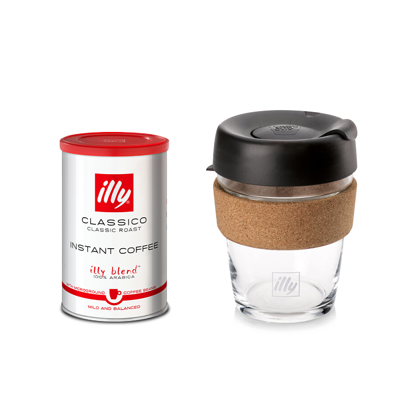 Geschenkidee für Kaffeeliebhaber: CLASSICO Instantkaffee mit dem 350 ml illy Reisebecher KeepCup Travel Mug aus Glas