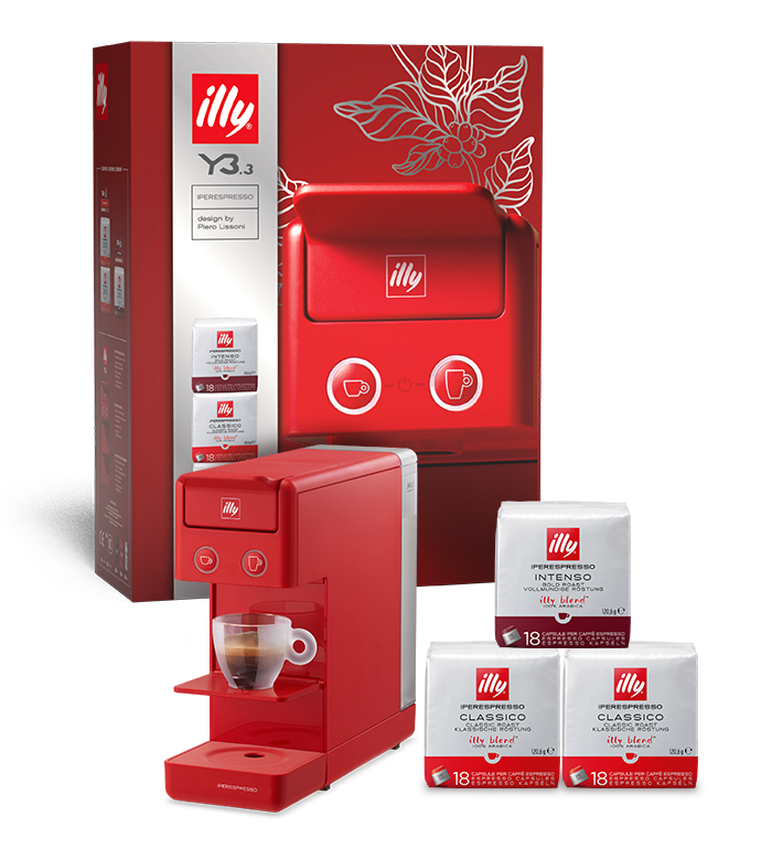 Y3.3 box – macchina da caffè Iperespresso Y3.3 rossa e 3 confezioni di capsule  image number 0