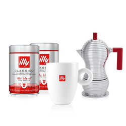 Kit cafeteira moka vermelha com 2 latas de café moído clássico e caneca illy
