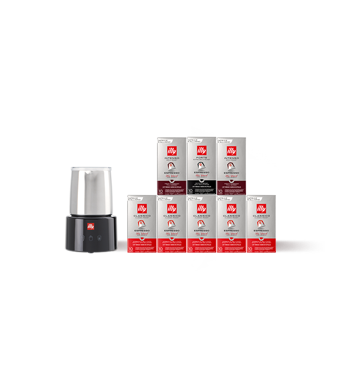 Black Milk Frother and Coffee in Compatible Capsules