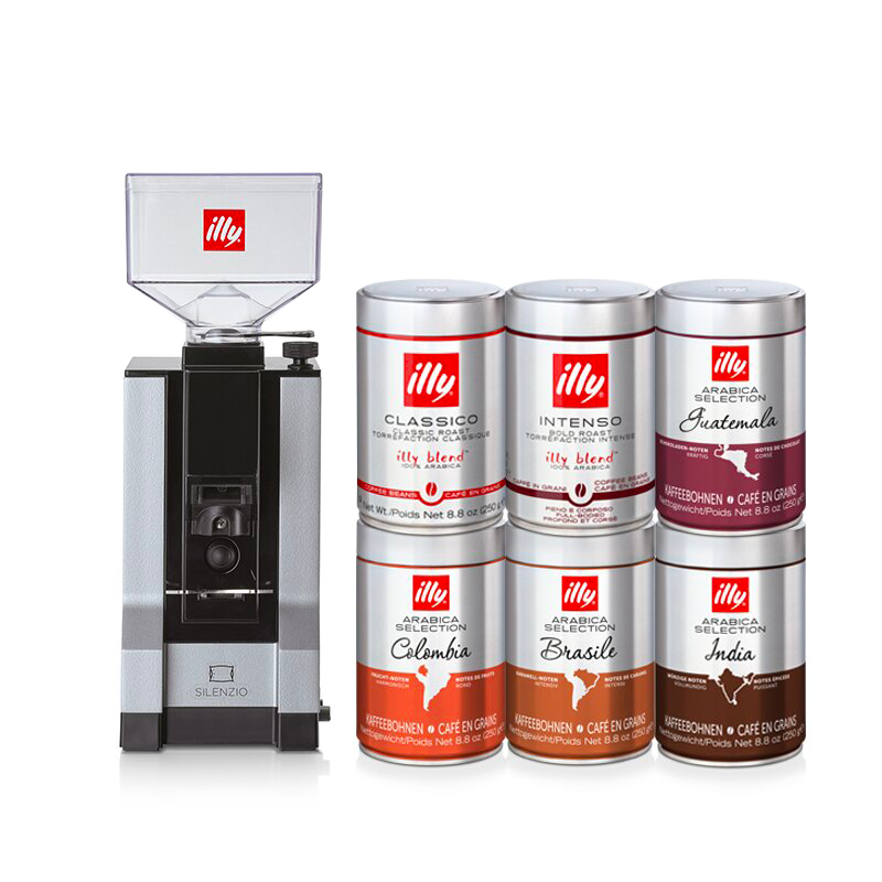 Set: Kaffeemühle mit 6 Dosen Kaffeebohnen