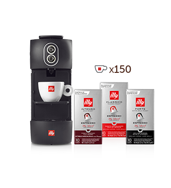 Máquinas de café de cápsulas compatibles - illy Easy negra con 5 paquetes de cápsulas compatibles Nespresso de tueste CLASSICO, 5 paquetes de INTENSO y 5 paquetes de FORTE