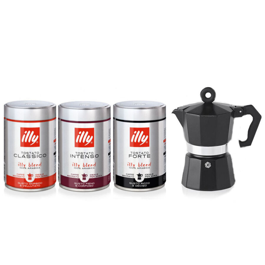 Caffettiera moka e 3 barattoli di caff&egrave; per moka