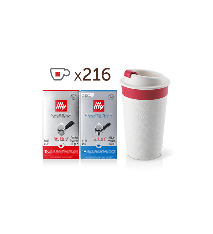 10 pacotes de cápsulas de café CLASSICO E.S.E., 3 pacotes de cápsulas de café FORTE E.S.E. + caneca de viagem Zagnoli branca image number 0