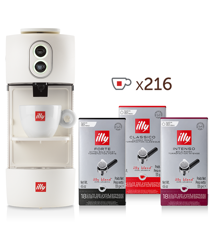 Macchina da caffè a cialde E.S.E. - illy Easy bianca con 4 confezioni di caffè in Cialde E.S.E. Monodose tostato CLASSICO, 4 confezioni di INTENSO e 4 di FORTE