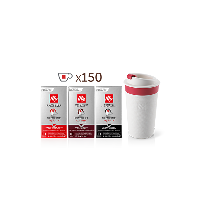 8 verpakkingen CLASSICO compatibele capsules, 5 verpakkingen INTENSO compatibele capsules, 2 verpakkingen FORTE compatibele capsules + witte Zagnoli Travel Mug  