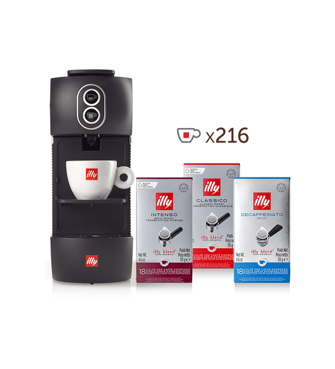 E.S.E. Kaffeepad-Maschine – schwarze illy Easy mit 4 Packungen einzeln verpackter CLASSICO Röstung E.S.E.-Kaffeepads, 4 Packungen INTENSO und 4 Packungen FORTE