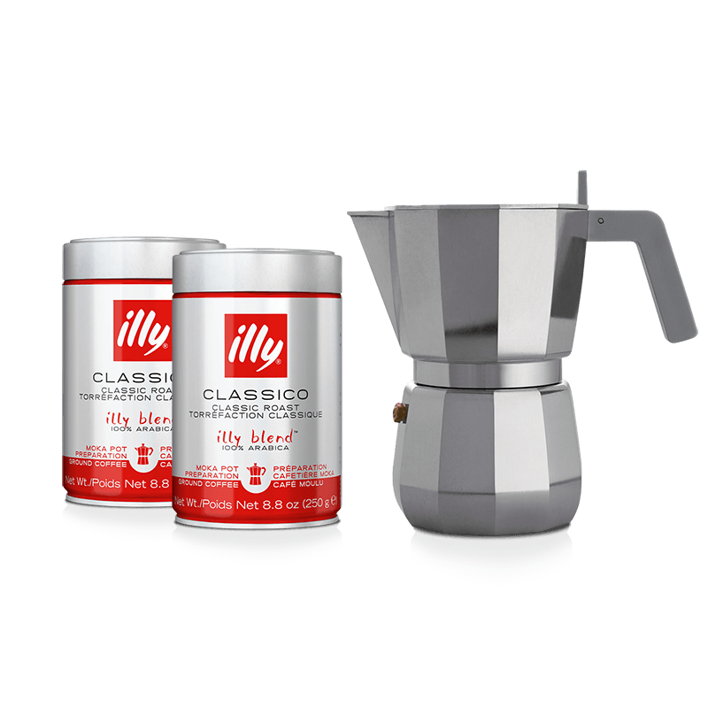 Alessi Moka koffiepot voor 6 kopjes + 2 blikjes Classico Moka gemalen koffie 250g